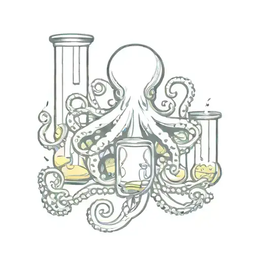 A sketch style tattoo of an octopus with scientific symbols like test tubes and beakers intertwined in its tentacles tattoo design idea