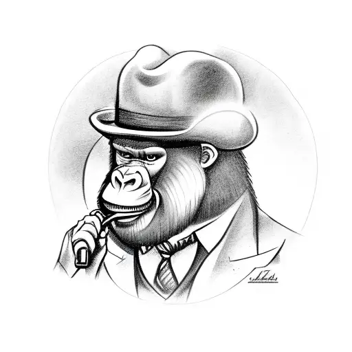 Mafia Gorilla in a 1940s suit and hat smoking a cigar, stars tattoo design idea