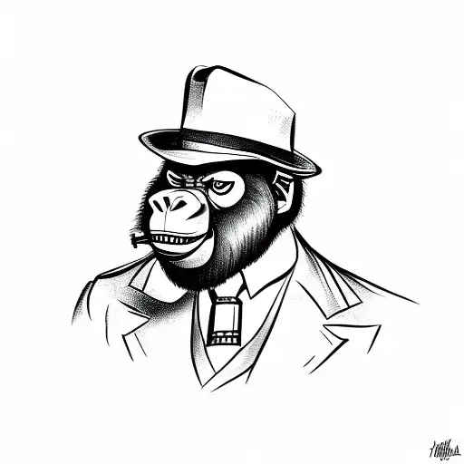 Mafia Gorilla in a 1940s suit and hat smoking a cigar, stars tattoo design idea