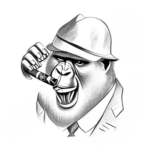 Mafia Gorilla in a 1940s suit smoking a cigar, stars tattoo design idea