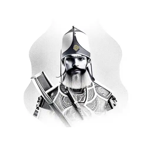 A courageous Ukrainian Cossack with a beard and a sabre on his shoulder tattoo design idea