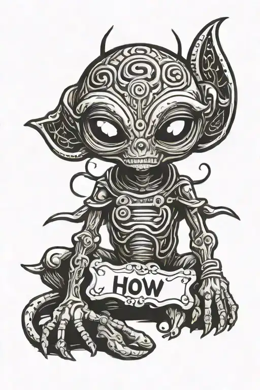 classic cartoon alien with scriptic text saying "how many" next to it, tribal artstyle, black and white tattoo design idea