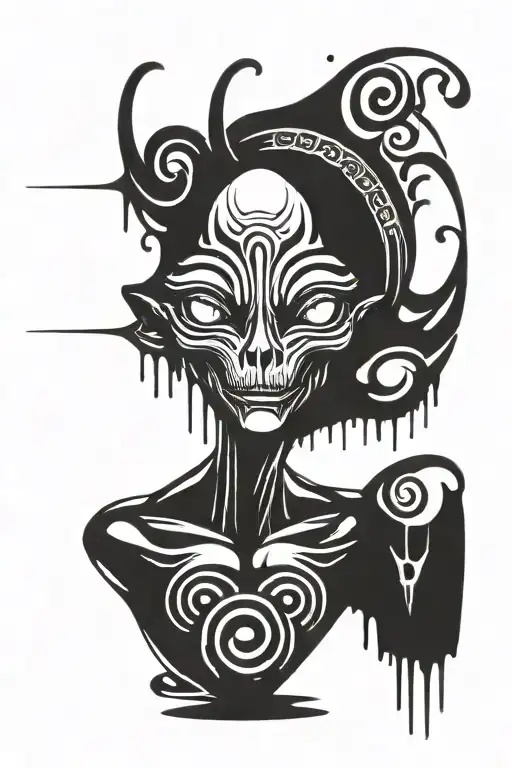 classic cartoon alien / emoji alien-like face, text written "how many?" in scriptic, black and white tattoo design idea