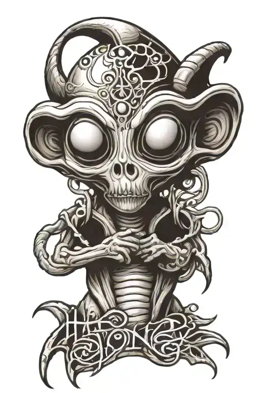 classic cartoon alien with scriptic text saying "how many?", tribal artstyle, black and white, gothic tattoo design idea