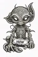 classic cartoon alien with scriptic text saying "how many" next to it, tribal artstyle, black and white tattoo design idea