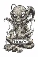 classic cartoon alien with scriptic text saying "how many" next to it, tribal artstyle, black and white tattoo design idea