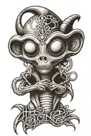 classic cartoon alien with scriptic text saying "how many?", tribal artstyle, black and white, gothic tattoo design idea