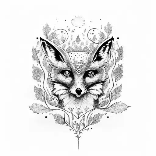  spooky oaktree with fox,owl, 2 lovebirds and tattoo design idea