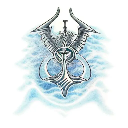 poseidons trident with waves around it tattoo design idea