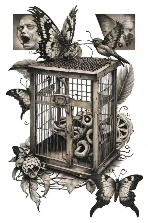 snake wrapping around abandon old broken down very nice bird cage, bird feathers on floor of cage & butterfly escaping  tattoo design idea