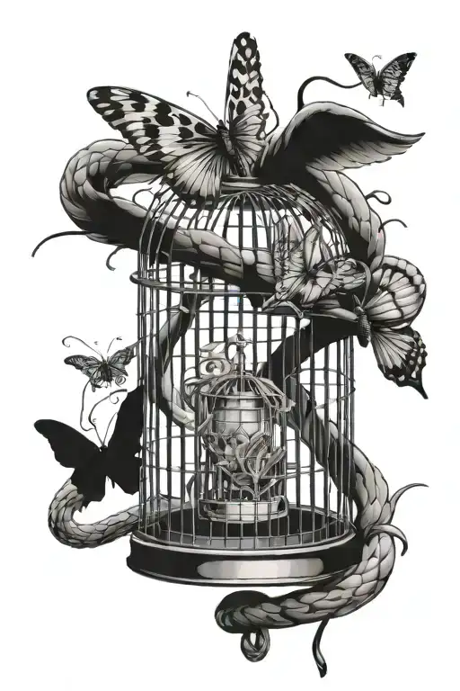 snake wrapped around broken bird cage, abandon feathers in cage and a  butterflie flying out  tattoo design idea