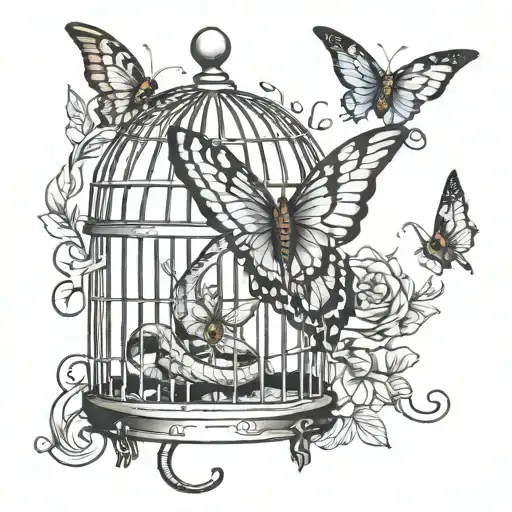 snake wrapped around damage bird cage, old feathers in cage and butterfly escape the cage tattoo design idea