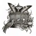 snake wrapped around damage bird cage, old feathers in cage and butterfly escape the cage tattoo design idea