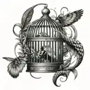 snake wrapped around damage bird cage, old feathers in cage and butterfly escape the cage tattoo design idea