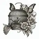 snake wrapped around damage bird cage, old feathers in cage and butterfly escape the cage tattoo design idea