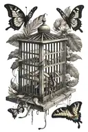 snake wrapping around abandon old broken down very nice bird cage, bird feathers on floor of cage & butterfly escaping  tattoo design idea