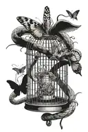 snake wrapped around broken bird cage, abandon feathers in cage and a  butterflie flying out  tattoo design idea