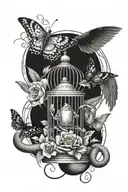 snake wrapped around broken bird cage, abandon feathers in cage and a  butterflie flying out  tattoo design idea
