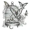 snake wrapped around damage bird cage, old feathers in cage and butterfly escape the cage tattoo design idea