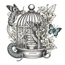 snake wrapped around damage bird cage, old feathers in cage and butterfly escape the cage tattoo design idea