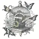 snake wrapped around damage bird cage, old feathers in cage and butterfly escape the cage tattoo design idea