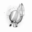 A dotwork tattoo of a chef's knife and fork crossed over a mixing spoon, with a cocktail shaker in the background tattoo design idea