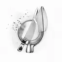 A dotwork tattoo of a chef's knife and fork crossed over a mixing spoon, with a cocktail shaker in the background tattoo design idea