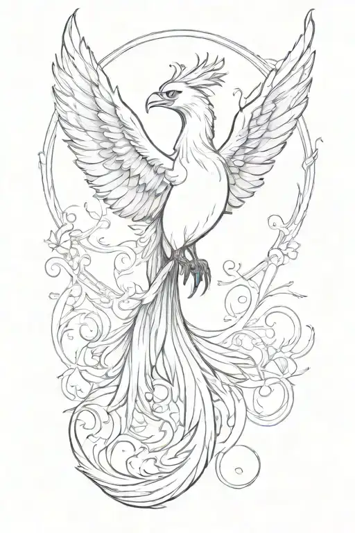 black and white phoenix with wings above head flapping tattoo design idea