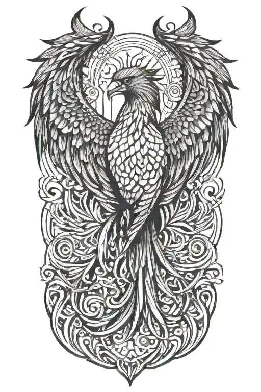 Phoenix with wings above head emerging tattoo design idea