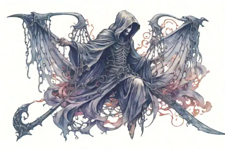 full body  Grim Reaper wrapped in chains holding a scythe  tattoo design idea