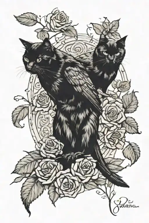One Crow and One black Cat sitting together side by side on a bed of roses. tattoo design idea