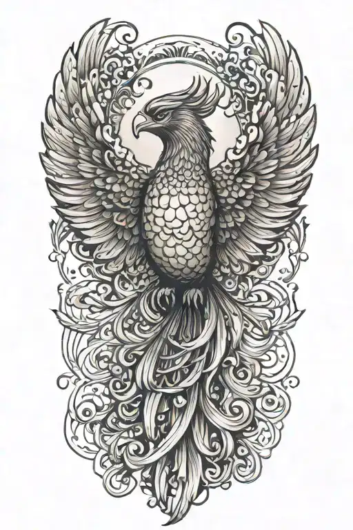 Phoenix with wings above head emerging tattoo design idea