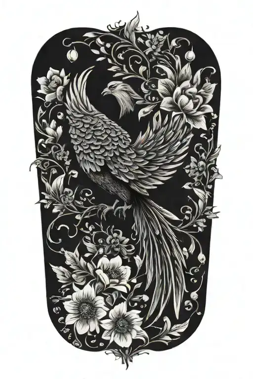 black and white phoenix with wings above head emerging from flowers tattoo design idea
