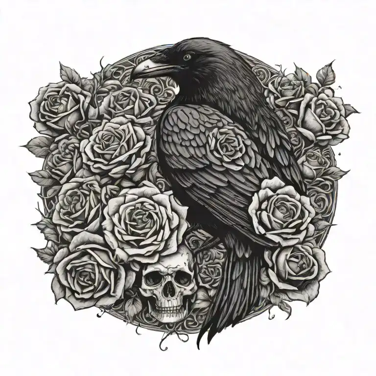 raven sitting upon a nest of skulls surrounded by roses tattoo design idea