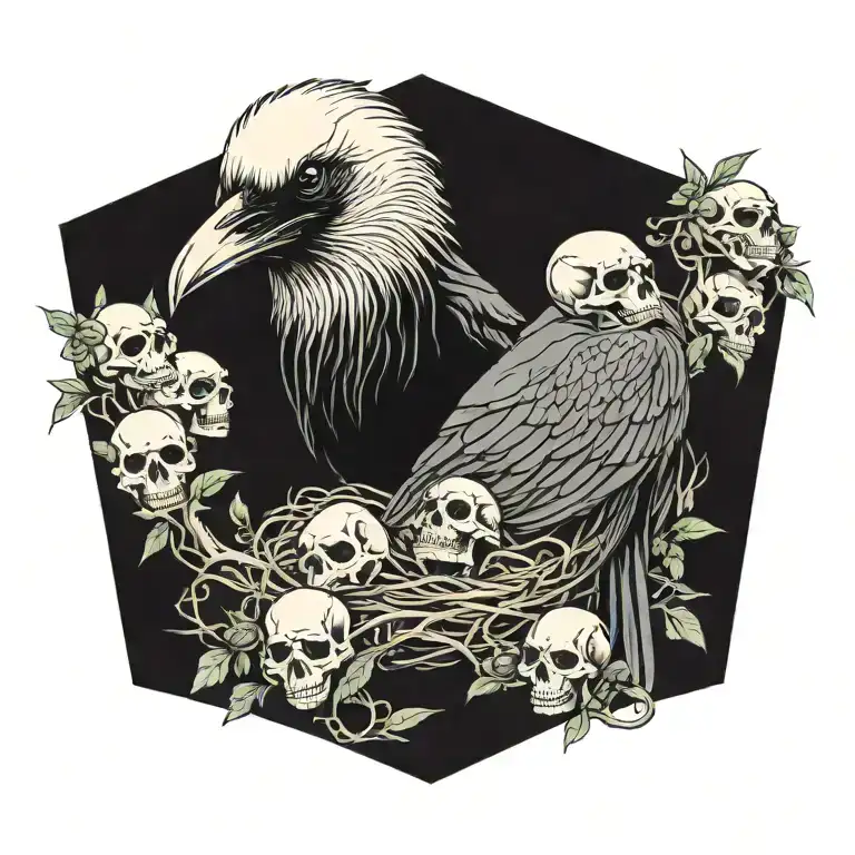 Raven sitting upon a nest of skulls tattoo design idea