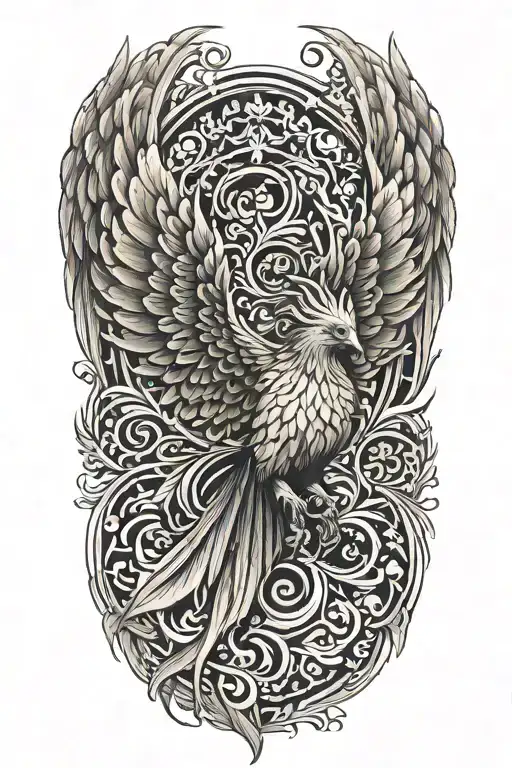 Phoenix with wings above head emerging tattoo design idea