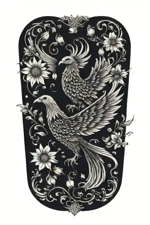 black and white phoenix with wings above head emerging from flowers tattoo design idea