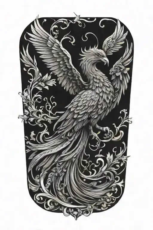 black and white phoenix with wings above head emerging with no background tattoo design idea