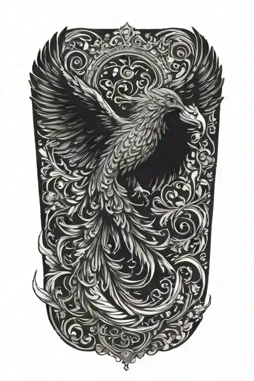 black and white phoenix with wings above head emerging with no background tattoo design idea