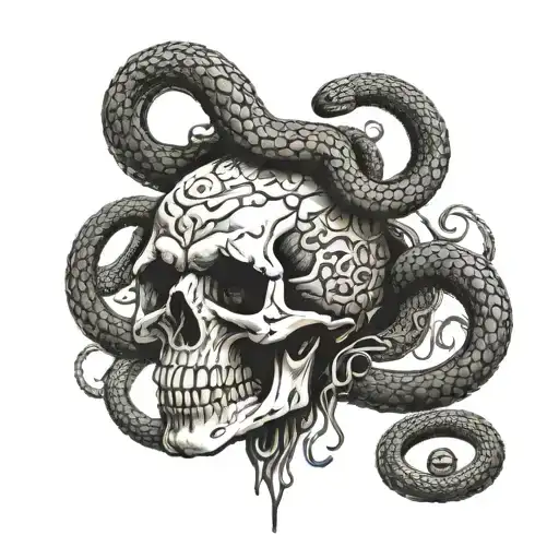 snake coiled around a skull tattoo design idea