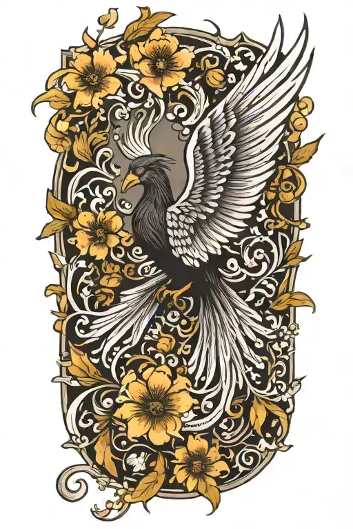 black and white phoenix with wings above head emerging from flowers tattoo design idea