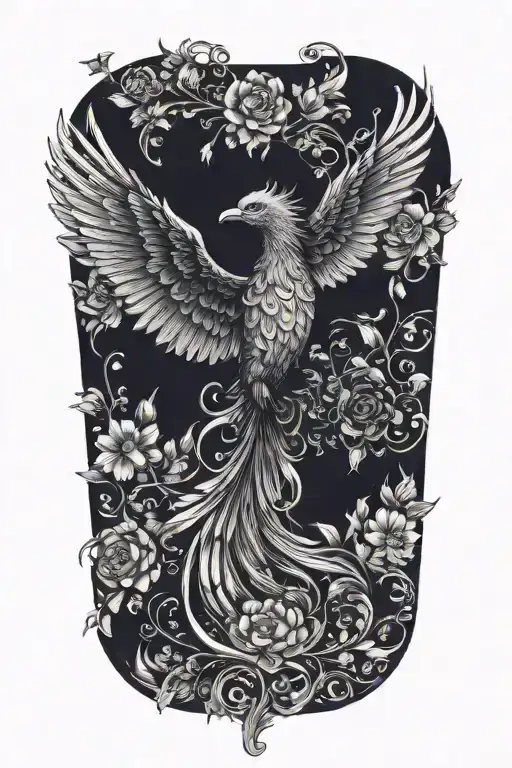 black and white phoenix with wings above head emerging from flowers tattoo design idea