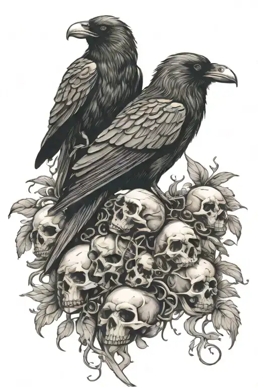 one raven sitting upon a nest of skulls of various animals tattoo design idea