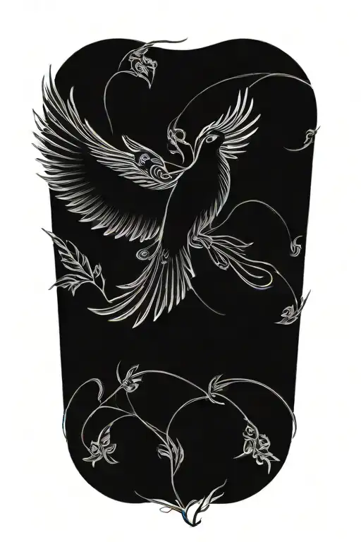 black and white phoenix with wings above head emerging with no background tattoo design idea