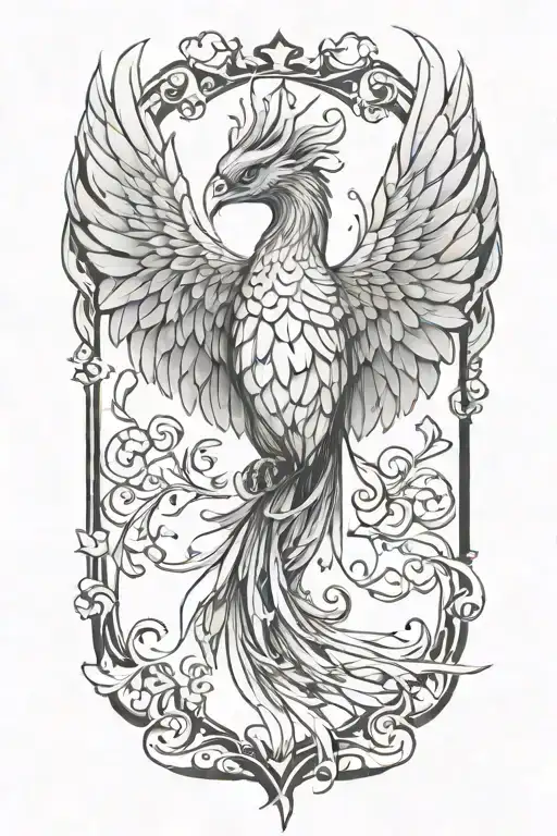 black and white phoenix with wings above head flapping no backgrond  tattoo design idea