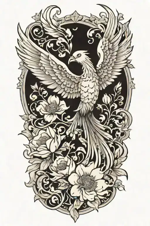 black and white phoenix with wings above head emerging from flowers tattoo design idea