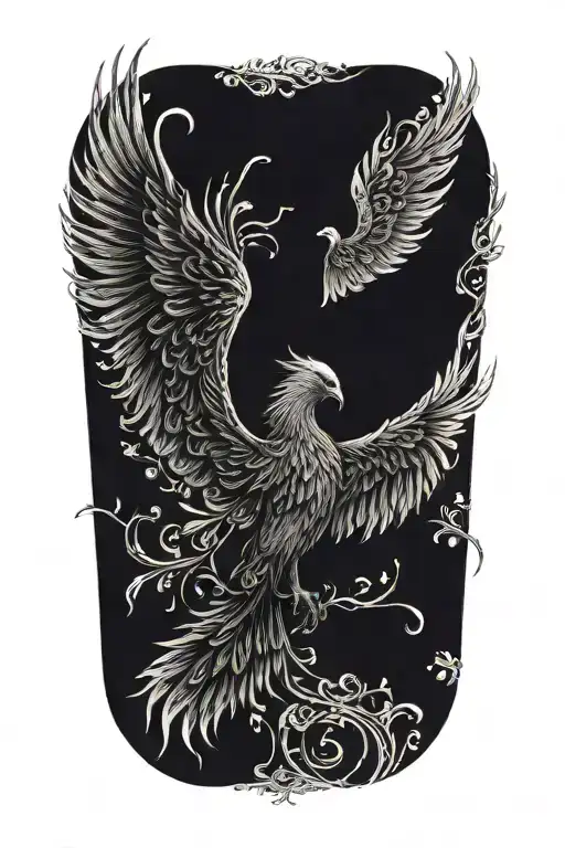 black and white phoenix with wings above head emerging with no background tattoo design idea