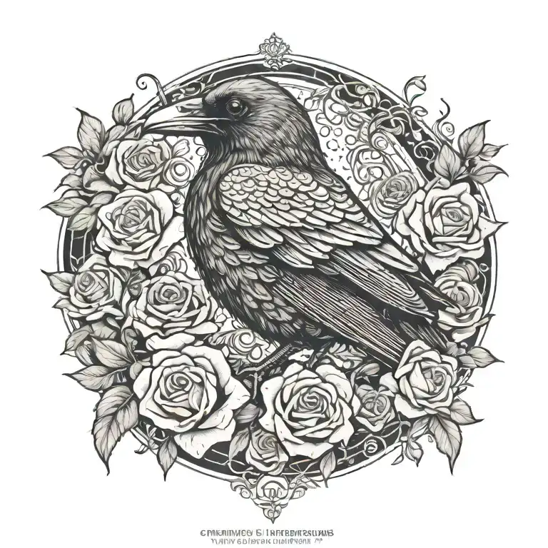 raven sitting upon a nest of skulls surrounded by roses tattoo design idea
