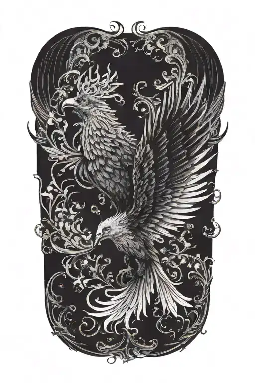 black and white phoenix with wings above head emerging with no background tattoo design idea