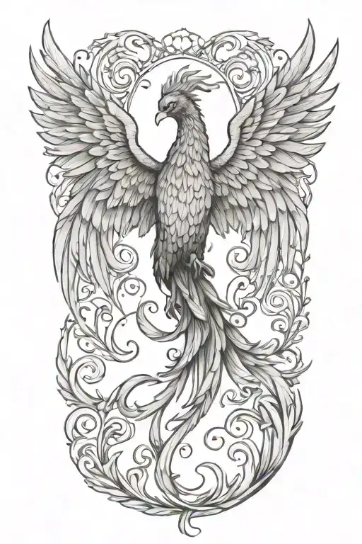 black and white phoenix with wings above head flapping no backgrond  tattoo design idea